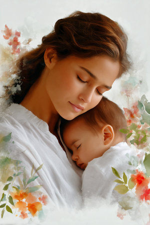 A mother gently holds her sleeping baby, both radiating warmth and love. The background features delicate floral accents, enhancing the peaceful atmosphere of this intimate moment.の素材