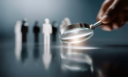 A hand holds a magnifying glass over small figurines while blurred silhouettes are visible in the background. The lighting creates an intriguing contrast, emphasizing focus and detail.の素材