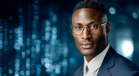 A smartly dressed man with glasses stands confidently, showcasing focus and determination. The backdrop features a mesmerizing array of blue digital lights, creating a modern atmosphere.の素材