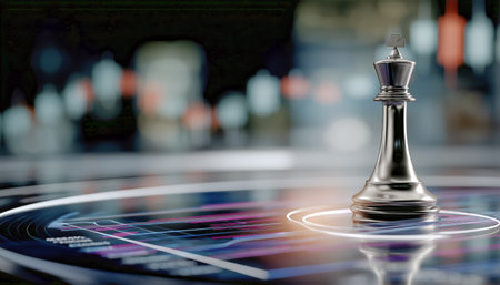 A metallic chess king stands prominently on a high-tech chessboard. Glowing patterns surround it, suggesting a strategic battle.の素材