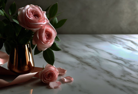 Delicate pink roses are arranged in a metallic vase resting on a smooth marble surface, highlighted by soft, natural lighting creating a serene atmosphere.の素材
