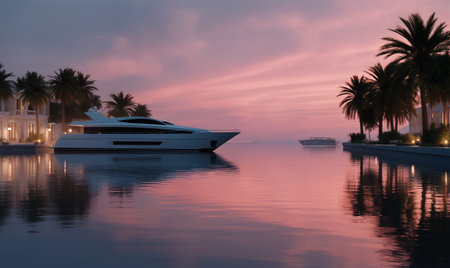 A luxury yacht rests peacefully at a stunning waterfront as vibrant colors of sunset reflect on the waters surface. Palm trees line the shore, enhancing the tranquil atmosphere.の素材