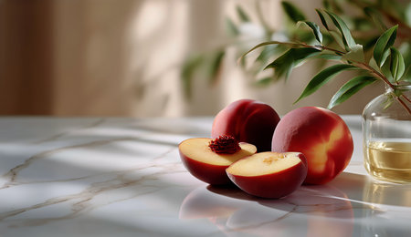 Juicy peaches rest on a polished marble surface, one fruit sliced in half. A delicate vase with flowers adds elegance to the serene atmosphere created by soft natural light.の素材