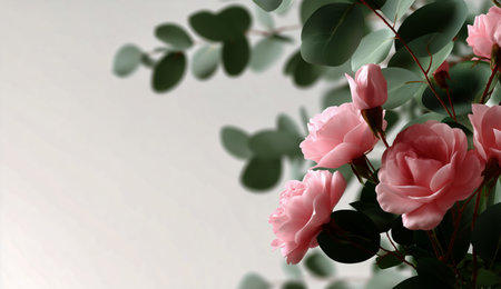 Delicate pink roses showcase their beauty, surrounded by lush green leaves. This tranquil display captures the essence of natures elegance.の素材