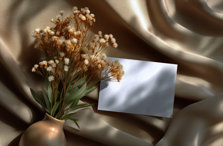 A stylish vase holds dried flowers, placed beside a blank card on smooth, satin-like fabric. The soft lighting enhances the warm tones, creating a calming atmosphere.の素材