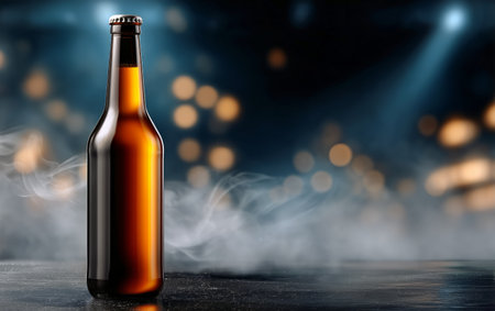 An amber beer bottle sits on a bar counter surrounded by steam. The soft bokeh lights create a vibrant atmosphere for socializing at night.の素材