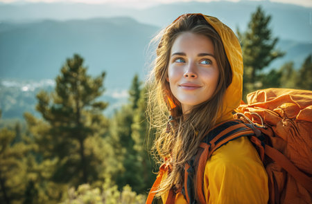 A young woman smiles as she hikes through a picturesque forest in a bright yellow jacket. Her backpack contrasts with the deep green surroundings, exemplifying outdoor adventure.の素材