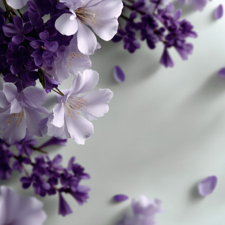 Purple flowers and green leaves create a stunning visual on a light background, showing their delicate petals and inviting nature. Attention to detail highlights their natural beauty.の素材