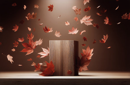 Soft orange and red leaves drift through the air above a polished wooden platform, creating a serene autumn atmosphere in a warm indoor setting.の素材