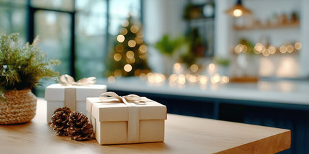 Silver-wrapped gifts adorned with bows rest on a wooden table. A beautifully decorated Christmas tree glows softly in the background, creating a warm holiday atmosphere.の素材