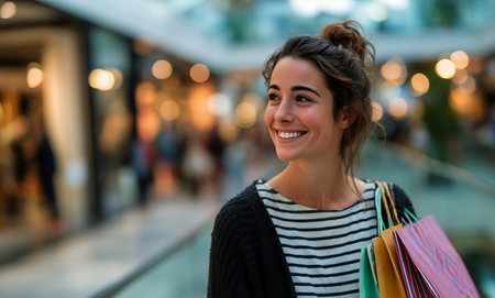 A young woman with a joyful expression walks through a bustling mall while holding several colorful shopping bags. The vibrant atmosphere encourages excitement and leisure.の素材