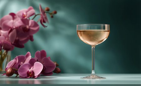 A delicate glass filled with sparkling wine rests gracefully next to vibrant pink orchids, creating a tranquil and inviting atmosphere perfect for celebration.の素材