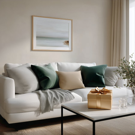 A modern living room features a white sofa adorned with colorful pillows, a coffee table, and a cheerful plant, creating a welcoming environment perfect for relaxation.の素材