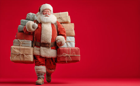 Santa Claus is walking with a big smile while carrying a stack of beautifully wrapped presents against a vibrant red backdrop, radiating holiday cheer and warmth.の素材
