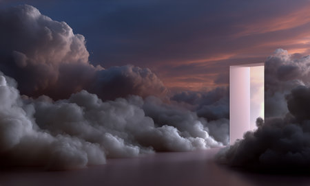 A door stands open among thick clouds as dusk sets in, creating an ethereal atmosphere. The warm colors of the sky blend with the soft gray of the clouds, evoking wonder.の素材