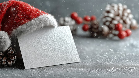 A blank spiral notebook rests on a snowy surface surrounded by festive decorations including a red Santa hat, ornaments, and winter foliage, creating a cozy winter atmosphere.の素材