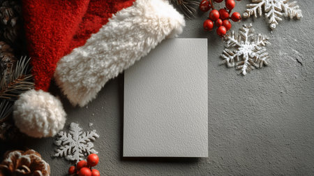 Festive holiday decorations feature a plush Santa hat, pinecones, berries, and a blank card positioned on a textured gray surface, perfect for seasonal greetings or crafts.の素材