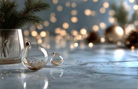 Clear glass ornaments filled with golden glitter sit on a marble surface, accompanied by a small evergreen in a vase, creating a warm, festive atmosphere in a cozy setting.の素材