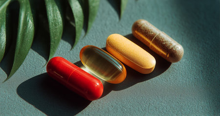 Four vibrant capsules of differing colors are displayed on a smooth surface with green leaves beside them. The image captures the essence of health and wellness.の素材