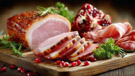 A beautifully presented meat platter features slices of ham, herbs, and pomegranate seeds on a wooden board, showcasing culinary art and fresh ingredients, inviting a feast.の素材