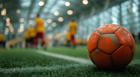 Bright orange soccer ball rests on green artificial turf while players in yellow uniforms practice in the background.の素材