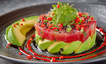 A vibrant tuna tartare is elegantly plated, featuring layers of diced fish, avocado, and garnished with herbs, chili, and sauces, showing creativity in gourmet cuisine.の素材