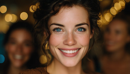 A woman with bright blue eyes and curly hair smiles warmly while surrounded by friends at a lively evening gathering filled with soft, warm lights.の素材