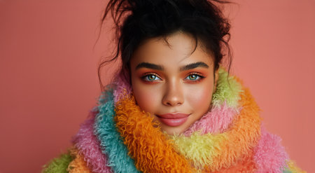 A model showcases vibrant makeup and a fluffy, multicolored scarf in front of a soft pink backdrop. The look combines playful style with autumnal vibes for a striking effect.の素材