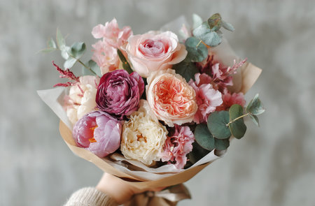A hand is presenting a stunning bouquet filled with various pastel flowers including roses and peonies, all arranged beautifully against a soft gray backdrop.の素材