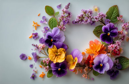 A vibrant array of pansies, lilacs, and other flowers creates a decorative display. The bright colors enhance the light background, perfect for celebrating springtime freshness.の素材