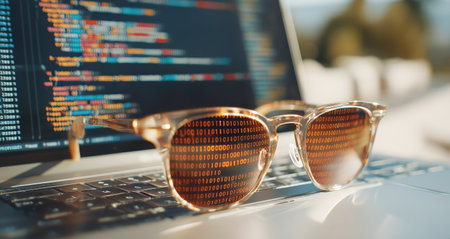 Colorful glasses reflect lines of code on a laptop screen, showcasing a programmers focused work during a late evening in a modern tech environment.の素材