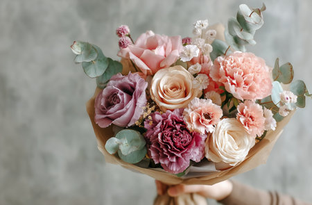 A person holds a colorful bouquet filled with various flowers including roses and eucalyptus. The arrangement stands out against a neutral textured backdrop, creating a serene atmosphere.の素材