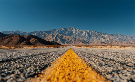 A long, empty road leads toward majestic mountains in a desert setting, showing the beauty of nature against a vivid blue sky. The scene captures tranquility and vastness.の素材
