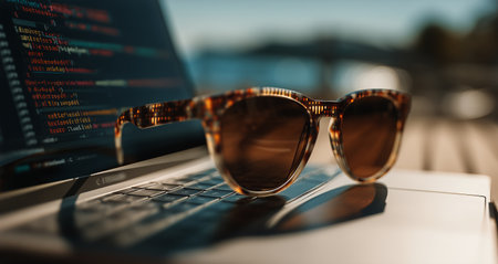 Stylish sunglasses with orange frames reflect colorful data patterns from a laptop screen in a modern workspace setting. The scene captures a blend of technology and fashion.の素材