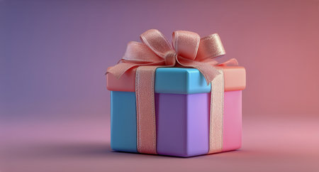 A vibrant gift box with a pink and teal design is adorned with a shiny purple ribbon. It stands out against a soft gradient background, perfect for celebrations or gifting.の素材