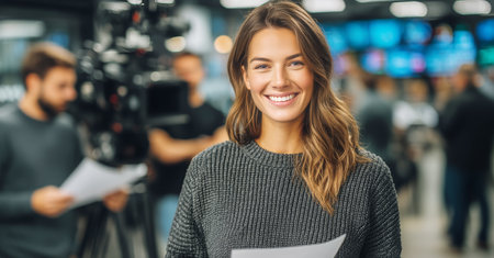 A woman stands confidently in a bustling newsroom, holding notes and smiling warmly. Behind her, crew members operate cameras and monitors, creating a lively atmosphere.の素材