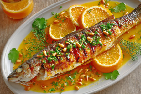 Tender grilled fish garnished with vibrant herbs and nuts, served alongside juicy orange slices on a wooden table. A colorful and flavorful dish perfect for a meal.の素材