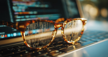 Colorful glasses reflect lines of code on a laptop screen, showcasing a programmers focused work during a late evening in a modern tech environment.の素材