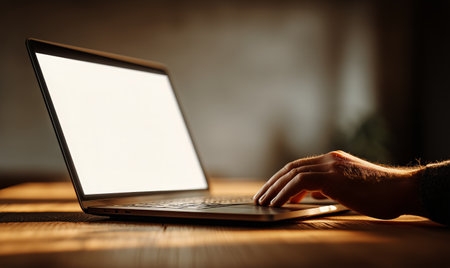 Hands type on a laptop while a warm sunset casts golden light through a window, creating a peaceful and productive atmosphere during the evening hours.の素材