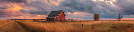 A bright sunset casts warm colors over a rustic farmhouse set in a vast, golden field. Wispy clouds fill the sky as evening approaches in this tranquil countryside setting.の素材