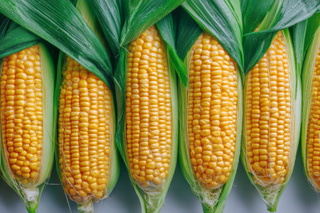 Bright yellow corn cobs, freshly harvested, are displayed in rows with their green husks still attached, showing their natural beauty and freshness at a farmers market.の素材