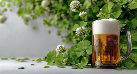 A frothy glass of beer sits prominently on a light surface, adorned with vibrant green clovers and delicate white flowers, creating a refreshing atmosphere perfect for relaxation.の素材