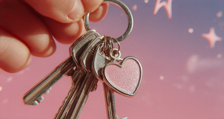 A hand grips a set of keys adorned with a shiny heart charm. The background features a dreamy pastel sky, creating a whimsical, uplifting atmosphere at dusk.の素材