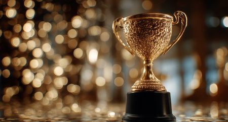A shining gold trophy stands prominently in front of a blurred silver backdrop, symbolizing achievement during an award ceremony celebration.の素材