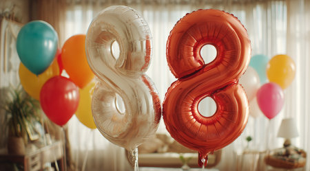Colorful balloons fill the room as silver and orange number balloons signify a milestone birthday. The bright decor adds joy to the cheerful atmosphere of the occasion.の素材