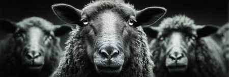 Three sheep stand closely together, showcasing a prominent black sheep in front, with gray companions in a rural environment under a gray sky.の素材