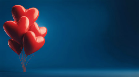 Bright red heart-shaped balloons rise against a vibrant blue background, symbolizing love and joy at a special occasion or celebration. The design captures a cheerful, festive atmosphere.の素材