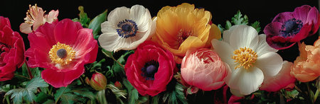 Vibrant floral arrangement features a variety of colorful flowers including peonies and anemones against a dramatic backdrop. The composition highlights the beauty of spring blossoms.の素材