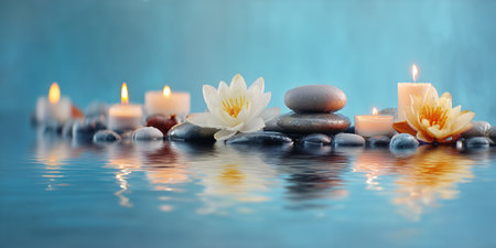 Floating candles illuminate calm water, creating a serene atmosphere along with smooth stones and delicate flowers during the evening.の素材
