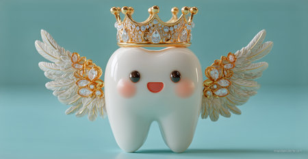 A whimsical tooth figurine adorned with wings and a golden crown smiles brightly against a mint green background, showing a playful and charming design ideal for dental-themed decor.の素材